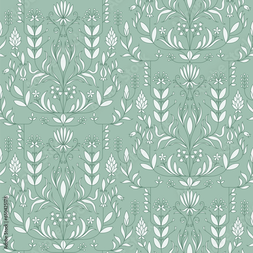 Traditional seamless pattern with floral motif. Heritage light green monochromatic surface pattern for fabrics, wrapping papers, and wallpapers. Vector illustration EPS.