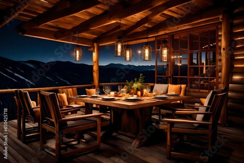A cabin s private outdoor dining area  perfect for enjoying mountain sunsets and starry nights