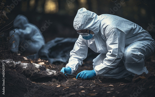 Criminologist in protective gloves working at crime scene outdoors. Generative AI