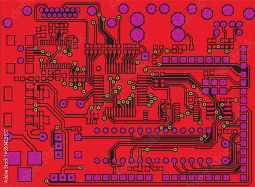 A printed circuit board of an electronic device with
seats of radio elements, conductors and 
contact pads placed on it. Vector 
engineering drawing of a pcb.