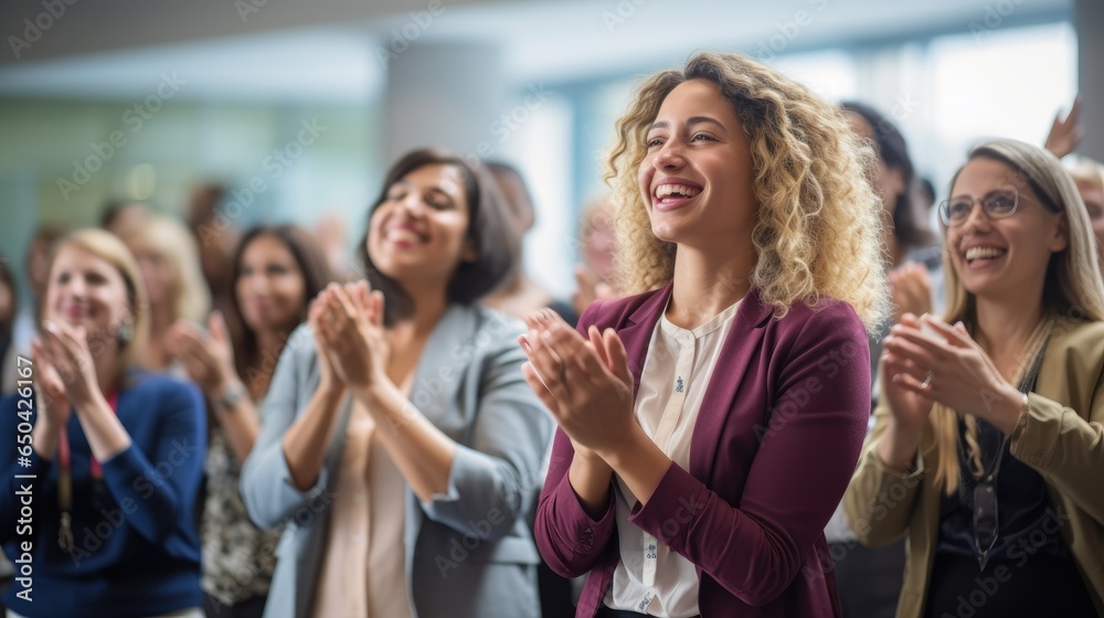 High-Energy Business Meeting: Successful Businesswomen Leading a Motivated Team with Applause. High-Energy Business Meeting: Successful Businesswomen Leading a Motivated Team with Applause.