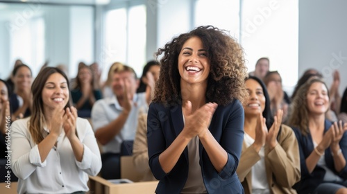 High-Energy Business Meeting: Successful Businesswomen Leading a Motivated Team with Applause.