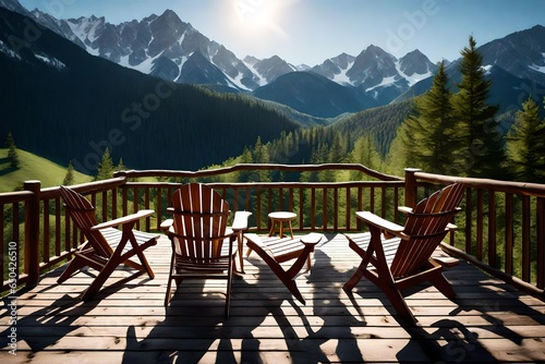 A cabin's private balcony, furnished with Adirondack chairs and overlooking a pristine mountain valley