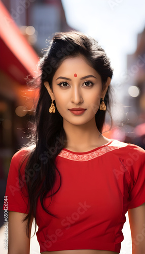 Capture the essence of cultural diversity and modern style with this striking image of a beautiful young Indian woman confidently donning a vibrant red top.