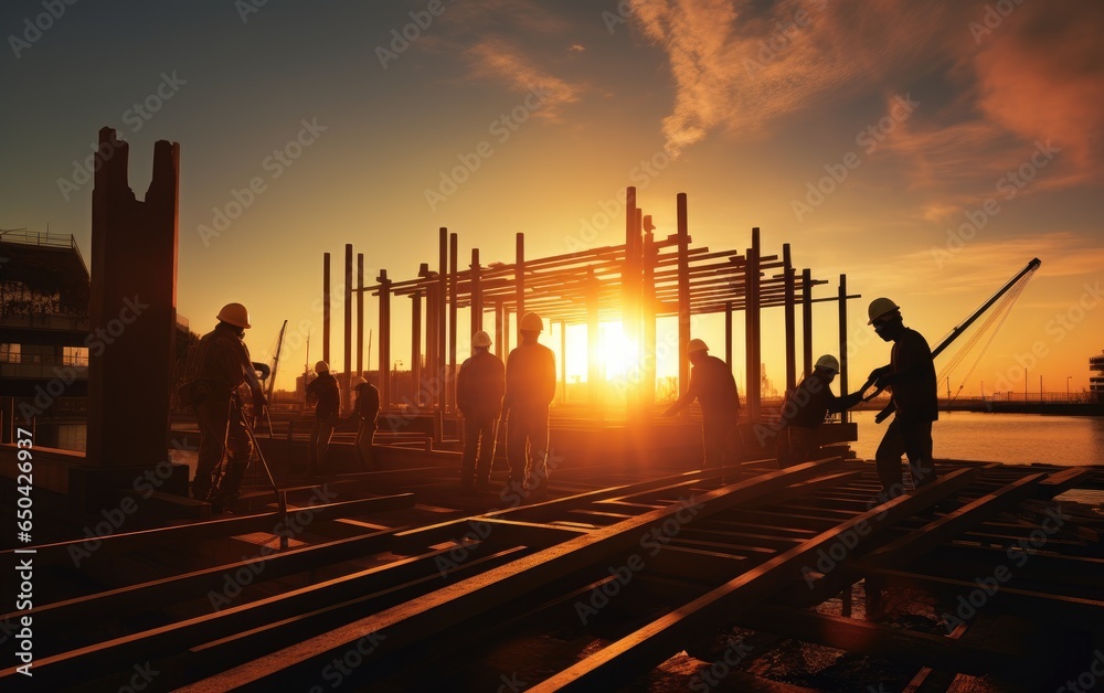 Silhouette of construction workers against a radiant sunrise. Generative AI - obrazy, fototapety, plakaty 
