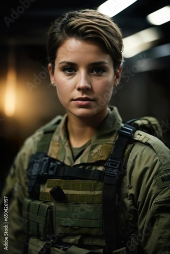 Portrait of female soldier in combat uniform. Generative AI.