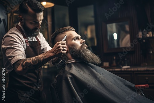 A skilled barber meticulously crafting a classic taper fade hairstyle for a gentleman with a well-groomed beard in a vintage barbershop