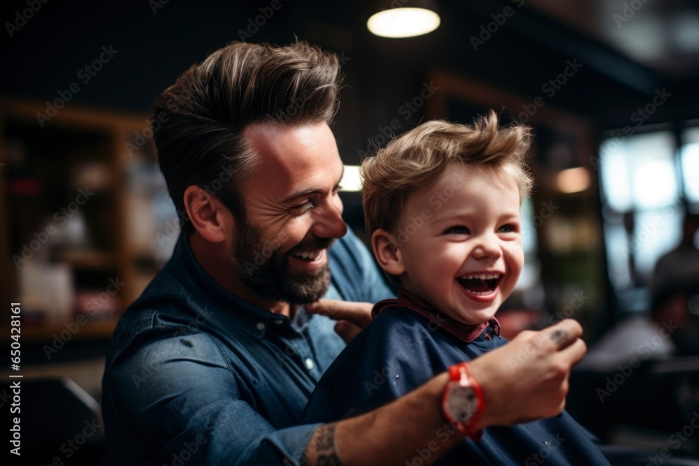 Father and son in barbershop, happy smiling. - obrazy, fototapety, plakaty 