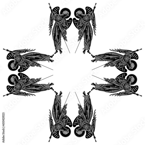 Square cross shape ornament or frame with winged medieval angels holding spears. Russian Orthodox Christian design. Black and white silhouette.