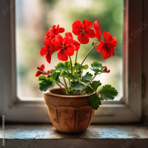  A horizontal shot of a red geranium flower in a clay 