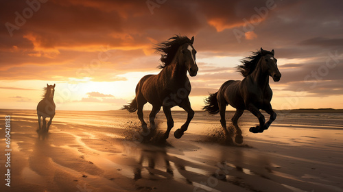 Wild Horses Galloping Gracefully Across a Sandy Beach Bathed in the Warm Glow of Sunset - Embodying Freedom and Nature s Beauty. Generative AI.