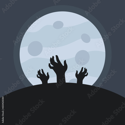 Spaventoso Scenario notturno per Halloween con mani zombie che escono dalla terra ed afferrano la Luna piena   photo