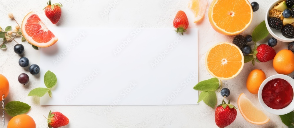 Minimalist stationery mockup with shadows among summer fruits and berries Design layout with sunlight