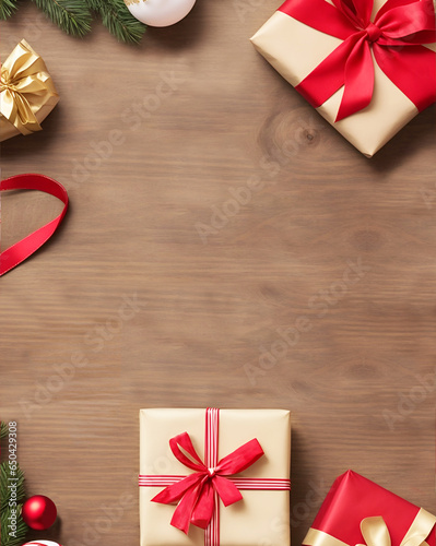 Flatlay of Christmas presents with packages from Santa wrapped in craft paper with riboons on wood surface photo