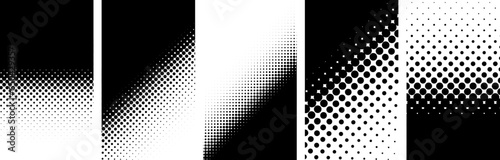 Set of black and white gradient halftone dots backgrounds with space for text.