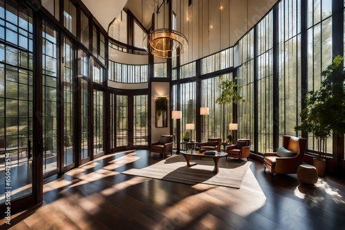 modern interior, In a modern styled entryway, sunlight pours in through floor-to-ceiling windows, casting dramatic shadows that accentuate the room's elegant design.