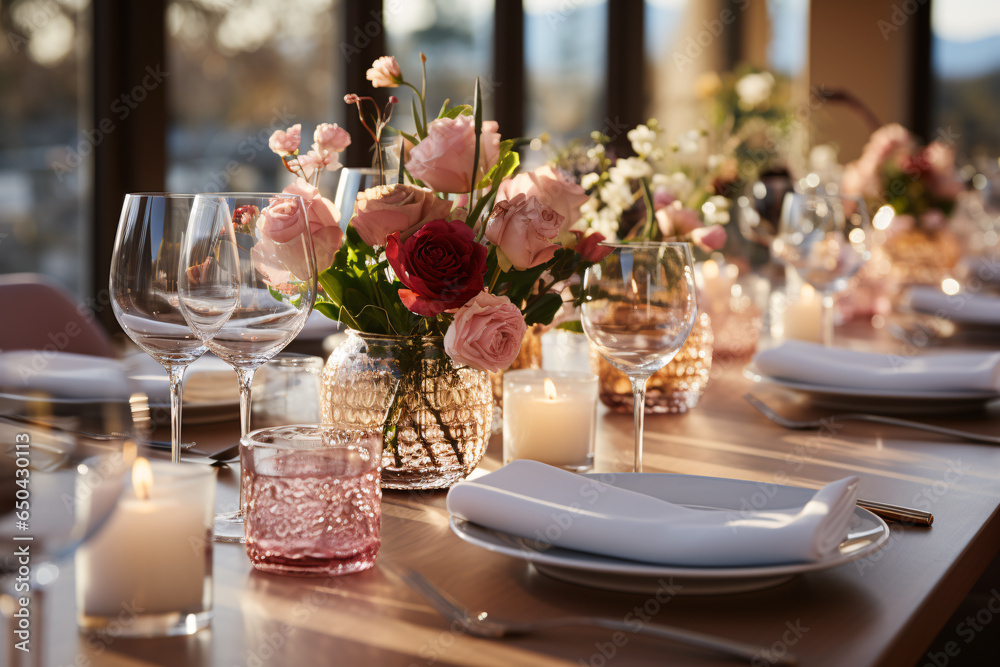 Pink flowers. Elegant table setting with candles in restaurant. Selective focus. Romantic dinner setting with candles on table in restaurant.
Pink flowers. Elegant table setting with candles in restaurant. Selective focus. Romantic dinner setting with candles on table in restaurant.
