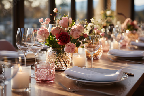 Pink flowers. Elegant table setting with candles in restaurant. Selective focus. Romantic dinner setting with candles on table in restaurant. 