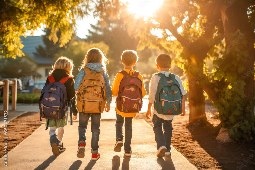 A group of young children walking together, embodying friendship. Back-to-school concept. First day of school, in morning sun, view from behind A group of young children walking together, embodying friendship. Back-to-school concept. First day of school, in morning sun, view from behind