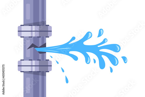 pipe burst. water flows from the hole. flat vector illustration.