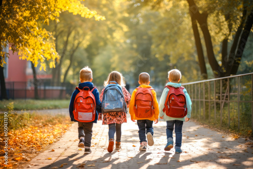 A group of young children walking together, embodying friendship. Back-to-school concept. First day of school, in morning sun, view from behind