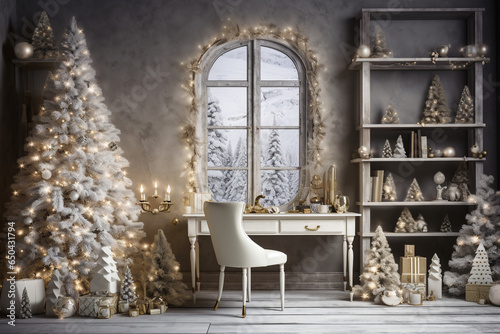 Christmas background. Room with desk and christmas tree, copy space. High quality photo © Starmarpro