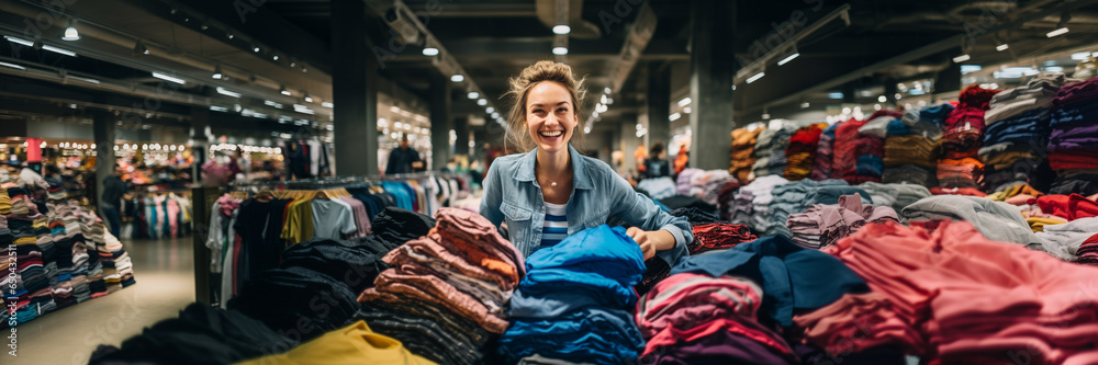 Woman smiling happy in clothing store with black friday special offer