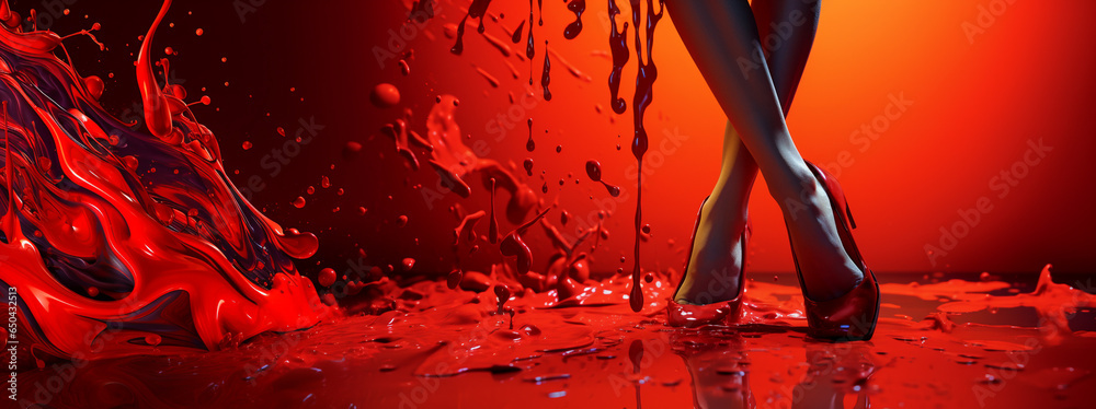 Violence against woman concept, high heels on red blood carpet, banner - obrazy, fototapety, plakaty 