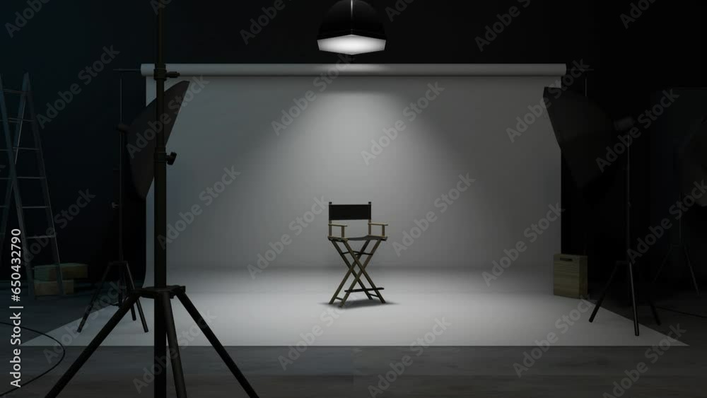 turning lights on at empty recording studio with empty director chair in center. Camera zoom.
