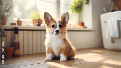 Cute corgi dog in living room.