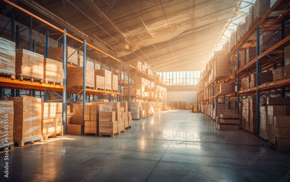 Warehouse lit by the sun. Generative AI Warehouse lit by the sun. Generative AI