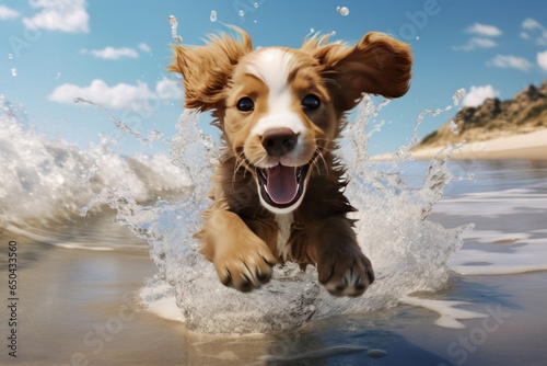 Sunny Shorelines: 8K Photorealistic Puppy Fetch © Lucija