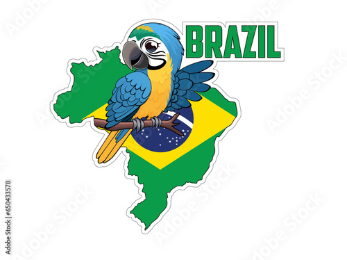 Vector sticker with Blue-and-yellow macaw ara parrot and Brazil map