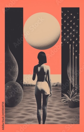 Girl from behind looking at the moon, collage style beautiful screenprint illustration, with risograph texture, and sensual beauty, Orange/peach Poster illustration photo