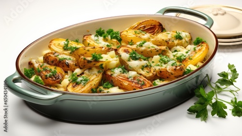 A dish with potatoes and parsley on a table. Imaginary food photo.