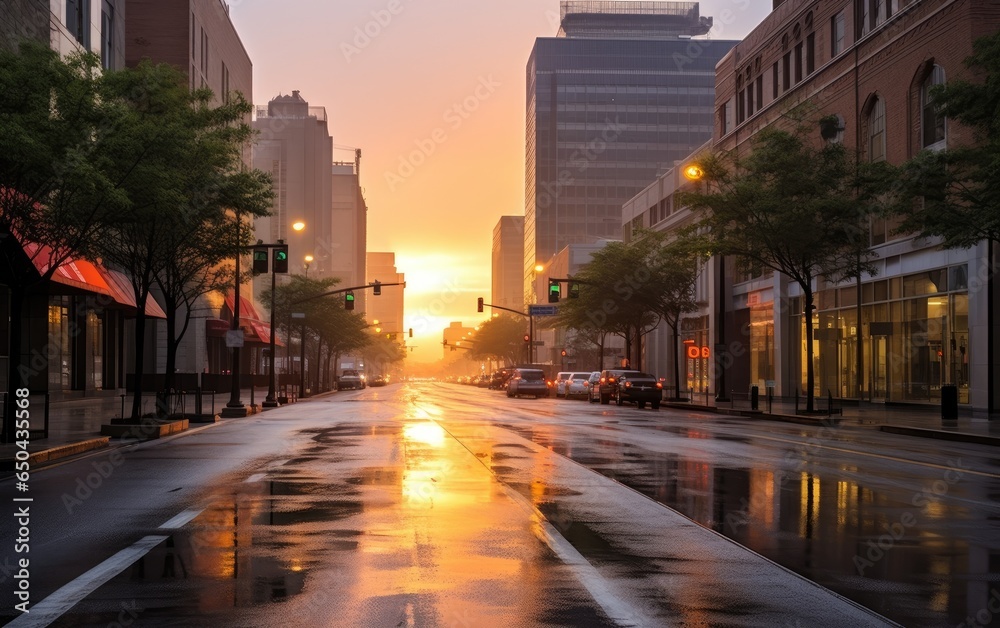 Business district at sunrise. Generative AI Business district at sunrise. Generative AI