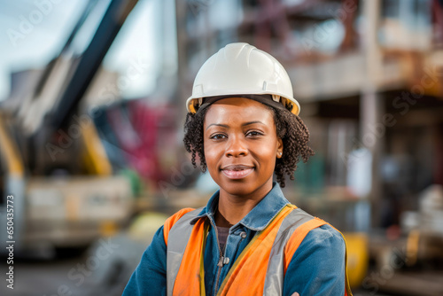 A portrait of a proud, strong, and skilled female African American construction worker wearing a hard hat. Showcasing toughness and professional competence in her field