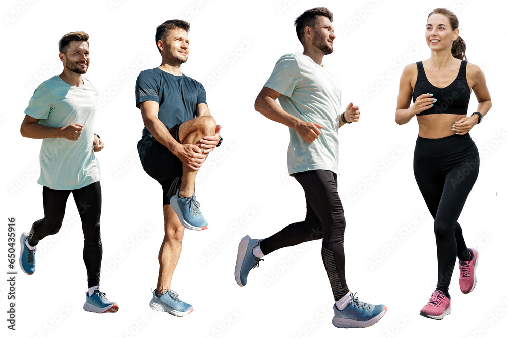 Obraz premium Collage athletes friends. People are a woman and a man fitness trainer running instructor. Runners are friends in full-length sportswear.