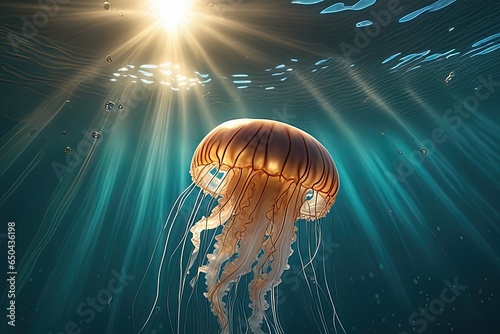jellyfish in the water jellyfish in the water underwater view of a red and white jellyfish © Shubham
