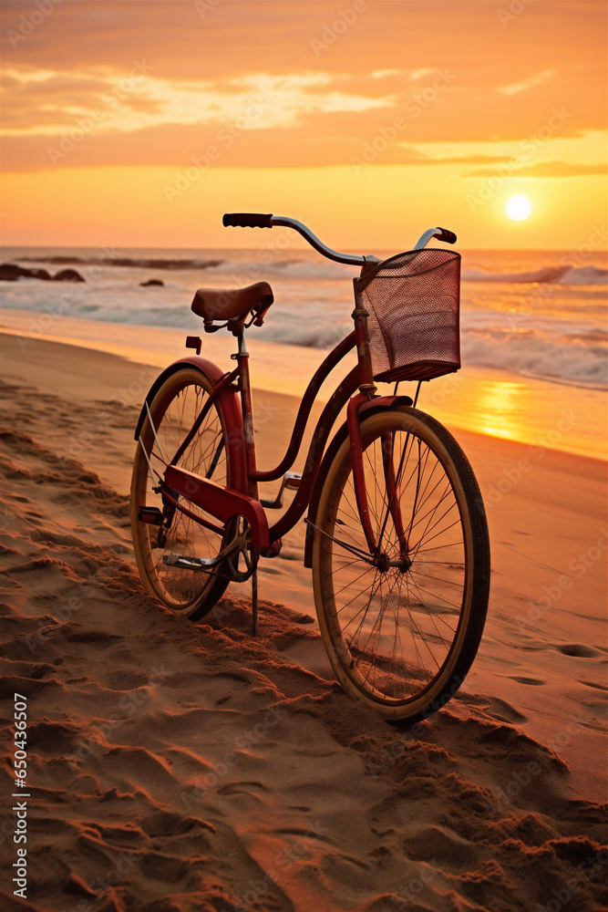 A Beach Cruiser Bicycle on the Beach at Sunset, Golden Hour, Generative AI