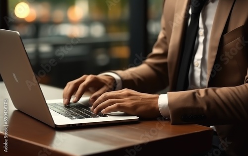 Businessman typing on a laptop keyboard. Generative AI
