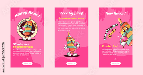 3 Groovy Ice Cream Template Stories. Retro Cartoon Vector Hand Drawn