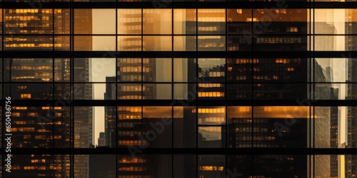 Glass facade of a business center with reflection of skyscrapers and evening sunset. AI Generation 