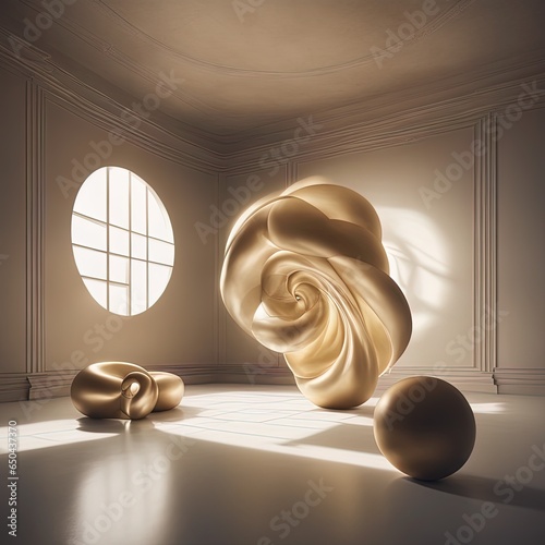 golden background with abstract geometric shapes. 3d rendering, 3d illustration. golden background with abstract geometric shapes. 3d rendering, 3d illustration. golden background with white silk ribb photo