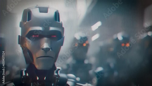 As an army of androids marches towards a crumbling city, the Rogue AIs directives echo eerily through the air, transmitted directly into their mechanical minds.