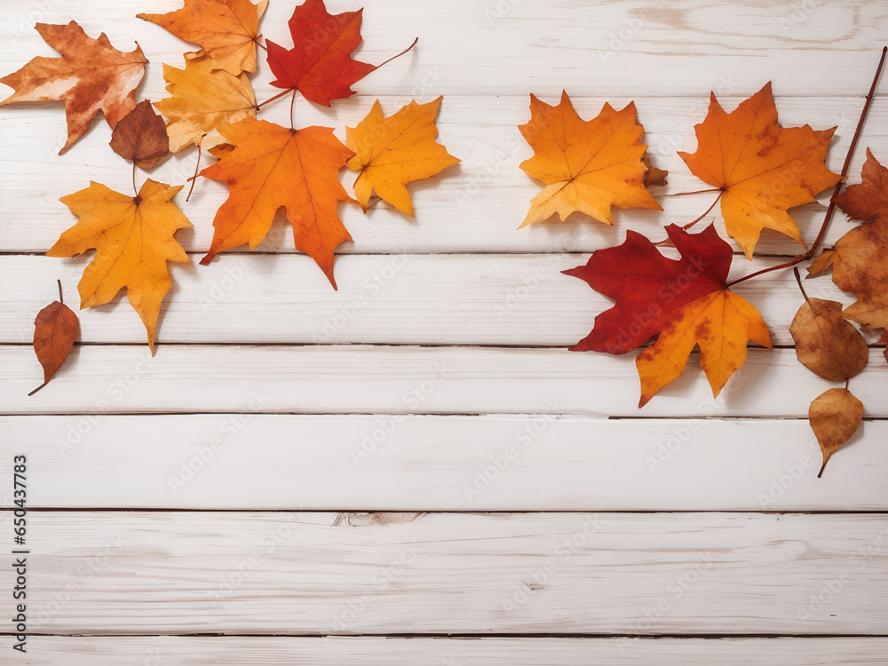 autumn leaf over white wooden table background. Backdrop with copy space autumn leaf over white wooden table background. Backdrop with copy space