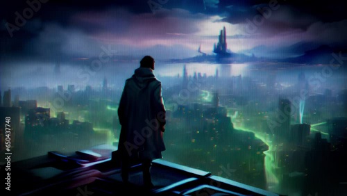 The operative stands on top of a skyser, overlooking a sprawling, neonlit cyberpunk cityscape. Their presence signifies the omnipresent control megacorporations exert over societys every photo