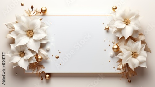 A white and gold christmas card with white flowers. AI image. Amaryllis flowers. © Friedbert