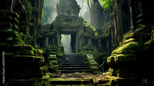 Ancient Temple Ruins Nestled in a Lush Forest Jungle, Overgrown and Shrouded by Misty Fog - Revealing Nature's Power Over Man's Creations. Generative AI.