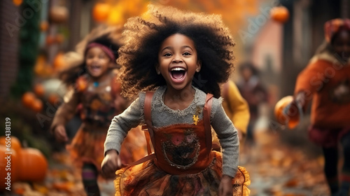 African American children on Halloween, little black girl having fun photo